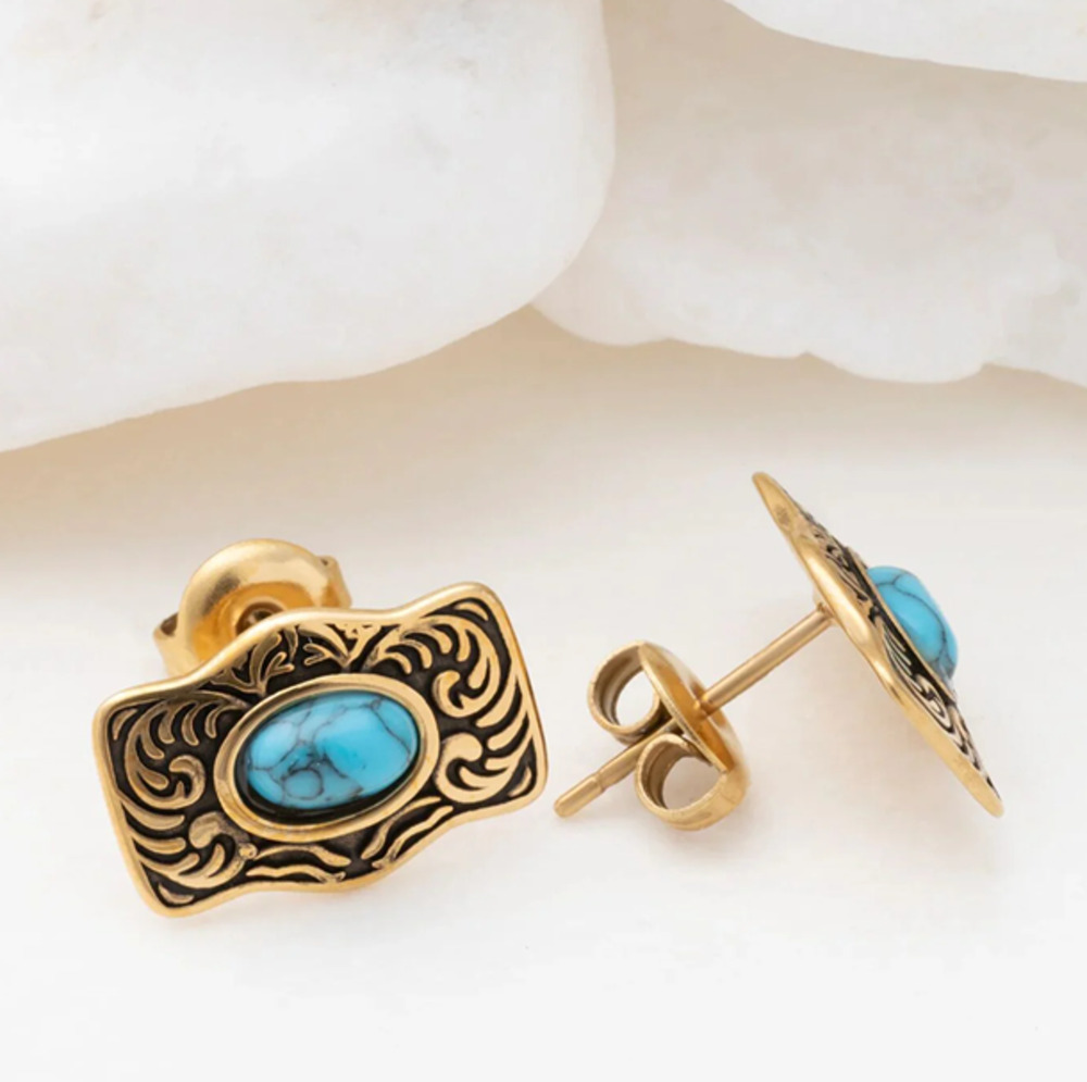 18K Gold PVD Stainless Steel Turquoise Stone Buckle Stud Earrings SW Bohemian